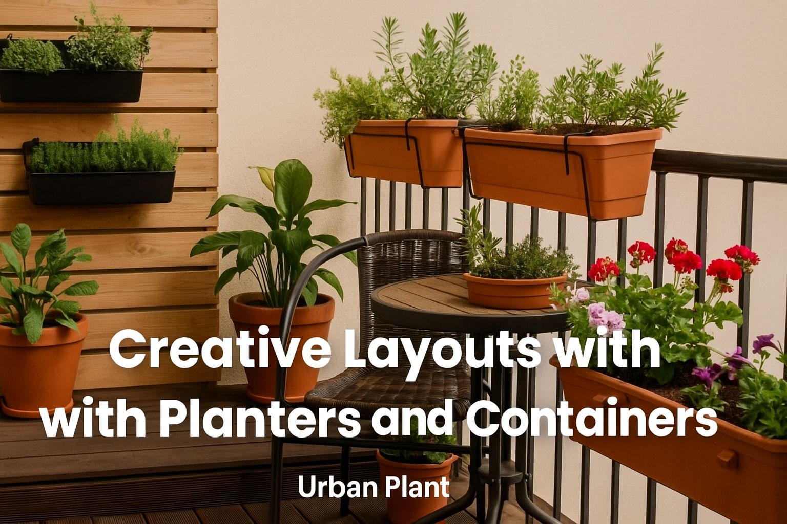 Balcony garden scene with railing planters, hanging wall containers, and grouped potted plants showing creative layouts with planters and containers – Urban Plant.